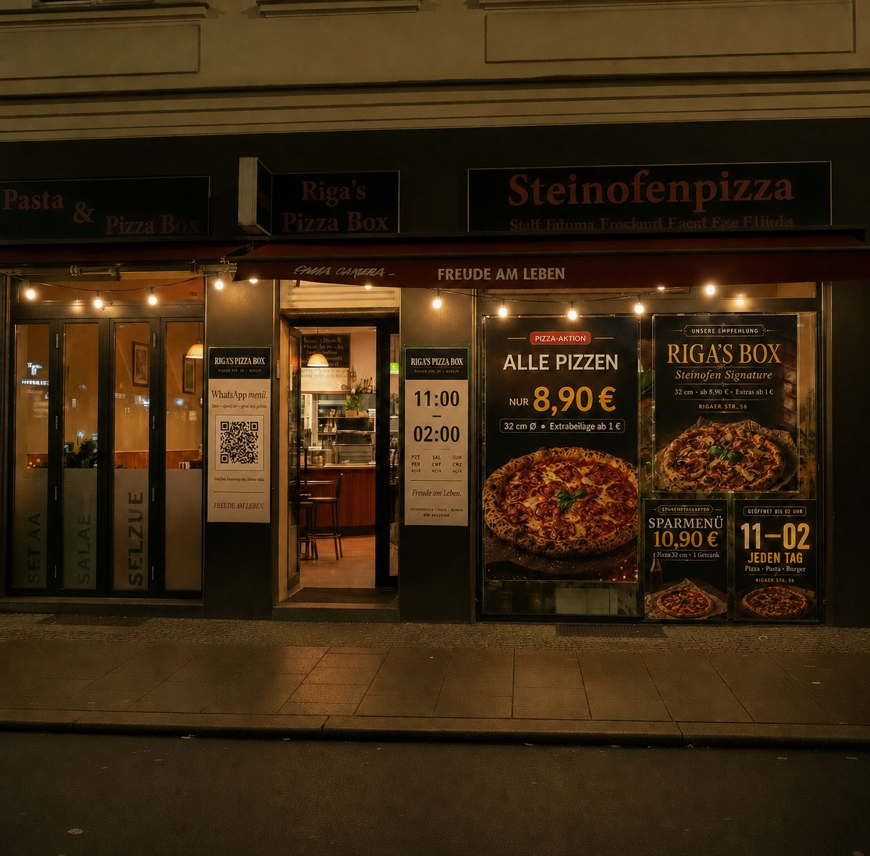 Rigas Pizza Box · cephe teslim sonrası — 4 poster + saat tablosu + QR
